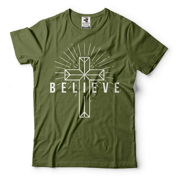 Believe Cross T Shirt Faith Shirt Christian Shirts Mens Women Cross Faith Tee Shirt Church Shirt (Small Military Green)