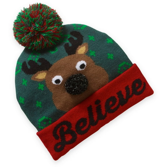 Believe Deer Beanie Hat W/pom Nose