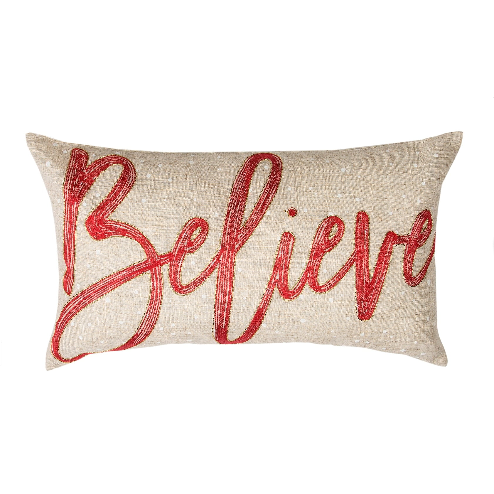 Believe Embroidered Beige and Red Christmas Pillow, 12 by 20-Inch