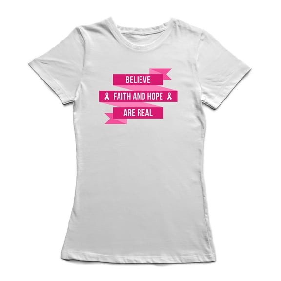 Believe Faith And Hope Are Real Pink Fight Women White T-Shirt, Female Large