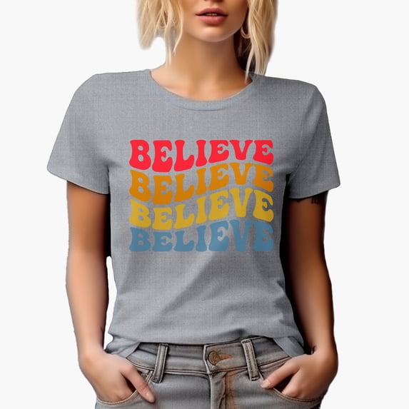 Believe, Faith Themed, Groovy Retro Wavy Text Merch Gift, Heather Grey T-Shirt, Medium