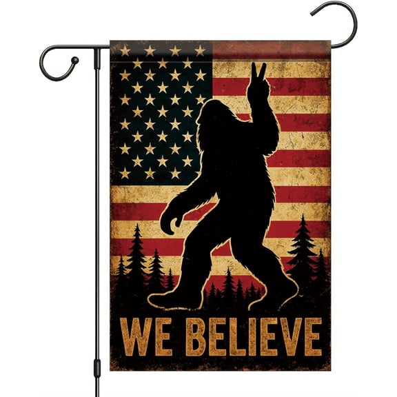 We Believe Garden Flag 12x18 Inch Double Sided Retro American Flag Forest Banner Outdoor Yard Decor Patriotic Funny Sasquatch Welcome Sign for Porch Lawn Independence Day
