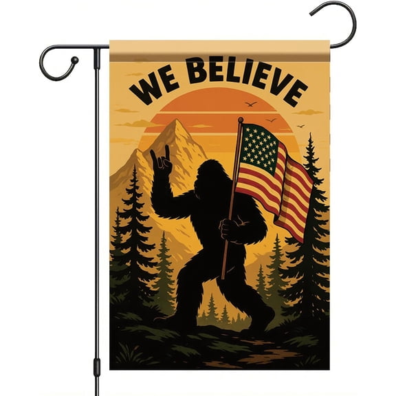 We Believe Garden Flag American Flag Sasquatch Banner 12x18 Inch Double-Sided Forest Mountain Yard Decor for July 4th Independence Day Outdoor Porch Lawn Patriotic Decoration