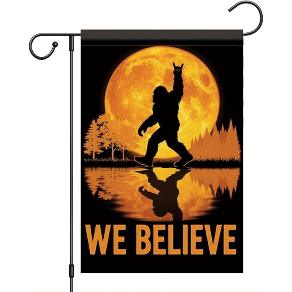 We Believe Garden Flag Halloween Flag Full Moon Lake Reflection 12x18 Inch Double-Sided Sasquatch Yard Banner Fall Outdoor Decor for Porch Lawn Forest Camping Trail Cabin Sign