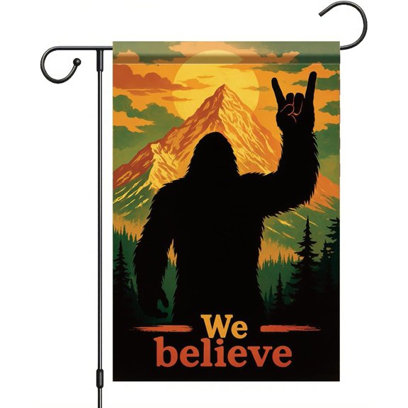 We Believe Garden Flag Mountain Sunset Sasquatch Flag Yard Banner 12x18 Inch Double-Sided Outdoor Forest Trail Lawn Decor Cryptid Myth Legend Funny Camping Sign