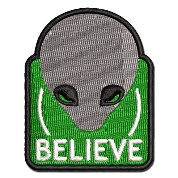 Believe Gray Alien Head Applique Multi-Color Embroidered Hook & Loop Patch - 3 Inch Medium