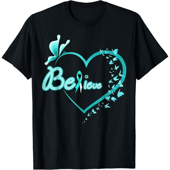Believe Heart Butterfly Teal Cervical Cancer Awareness T-Shirt