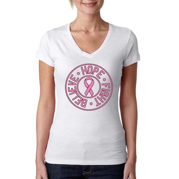 Believe Hope Awareness Womens V-Neck Tee, White, X-Large