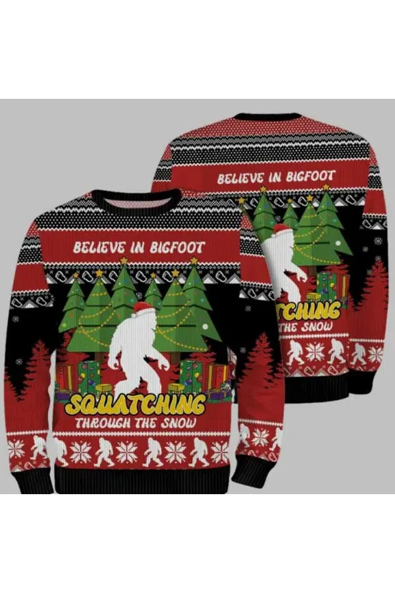 Believe In Bigfoot Squatching Through The Snow 3D Christmas Sweater
