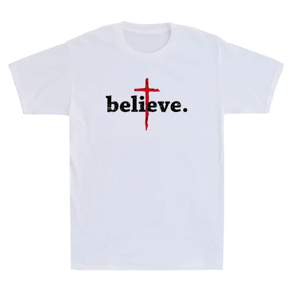 Believe In Cross Jesus Christ Men'S T-Shirt Christian Saying Bible Faith God Tee, All Sizes S-5Xl