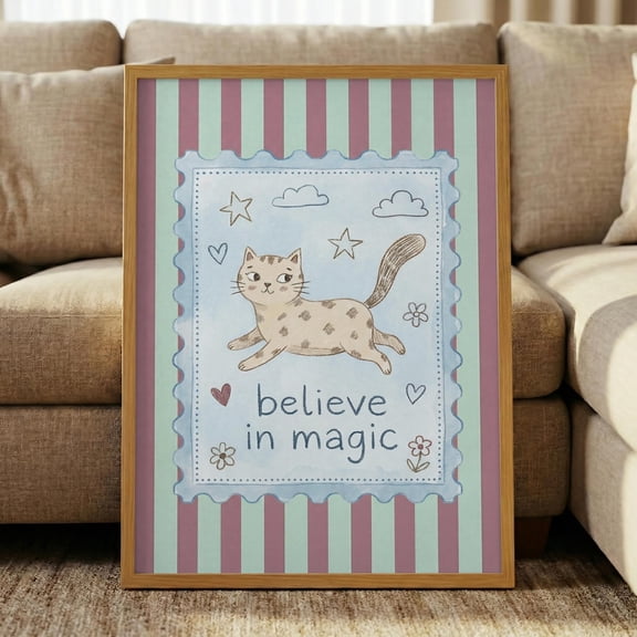 Believe In Magic Cat Art Print, Cute Kitten Nursery Decor, Pastel Striped Poster, Kids Room Wall Art, Magical Cat Poster Unframed Paper Print