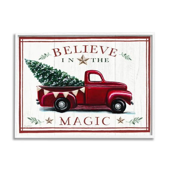 Believe In Magic Red Vintage Truck Country Holiday Tree Transportation Graphic Art Framed Art Print Wall Art
