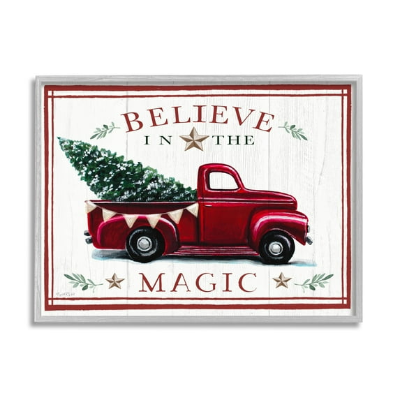 Believe In Magic Red Vintage Truck Country Holiday Tree Transportation Graphic Art Framed Art Print Wall Art
