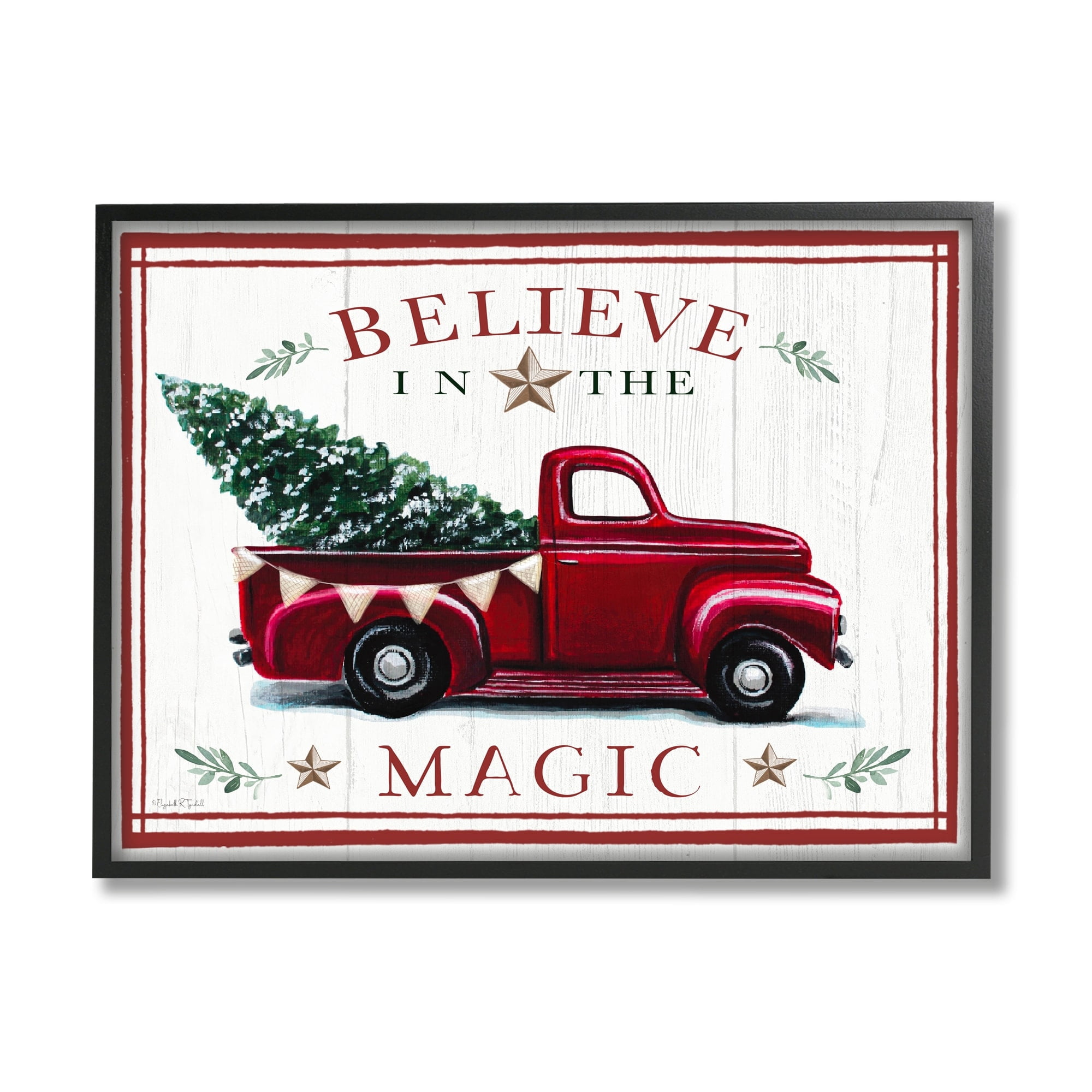 Believe In Magic Red Vintage Truck Country Holiday Tree Transportation Graphic Art Framed Art Print Wall Art