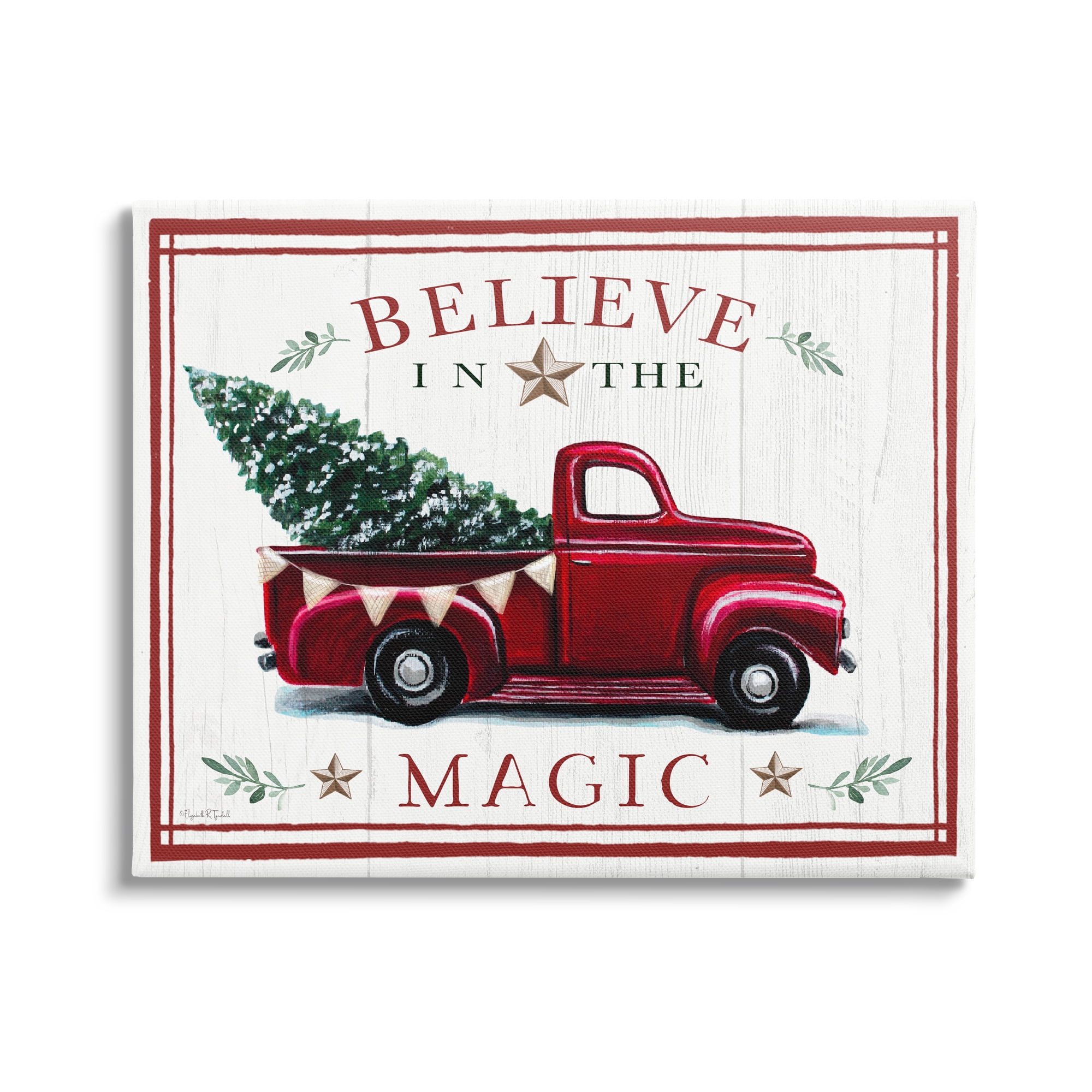 Believe In Magic Red Vintage Truck Country Holiday Tree Transportation Graphic Art Gallery-Wrapped Canvas Print Wall Art