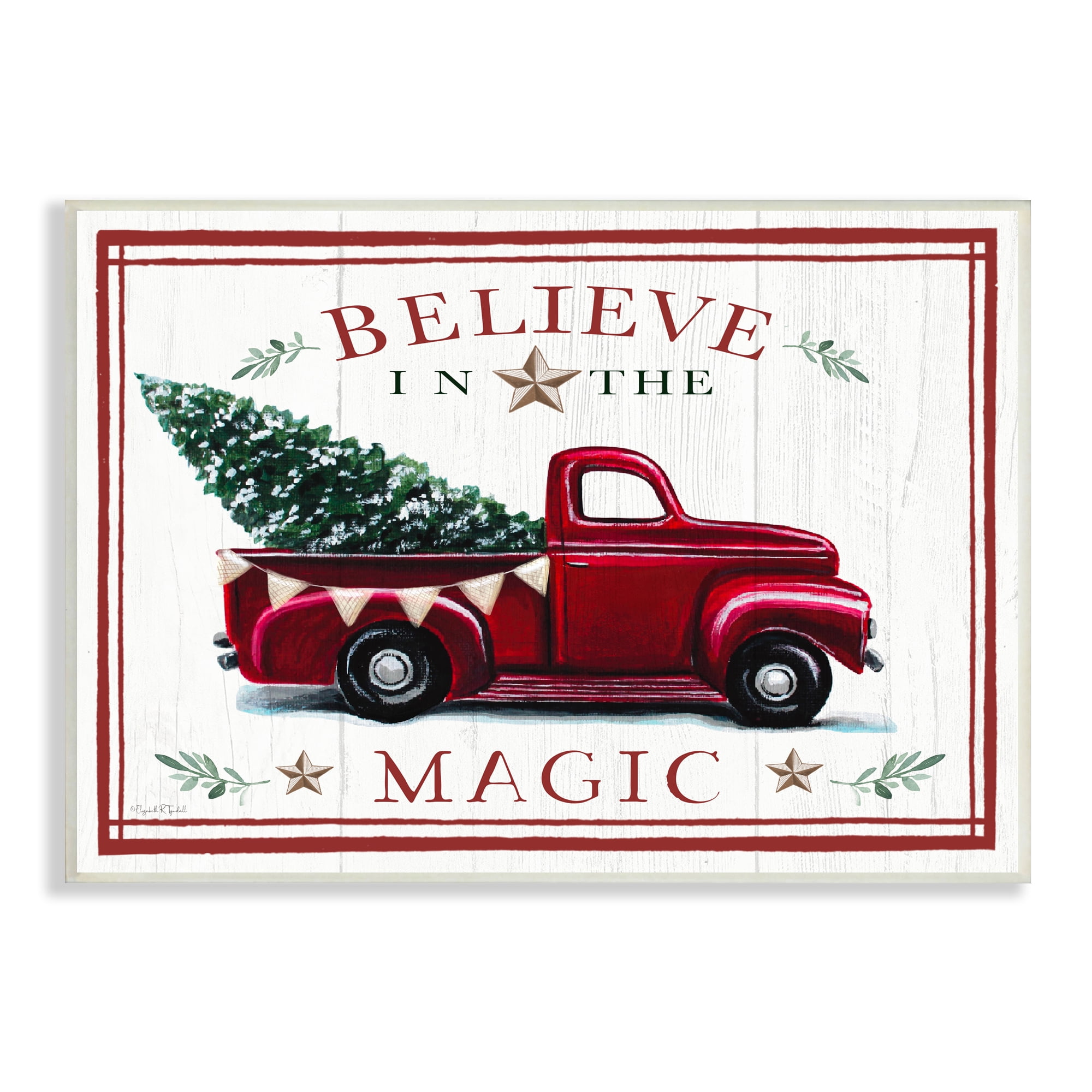 Believe In Magic Red Vintage Truck Country Holiday Tree Transportation Graphic Art Unframed Art Print Wall Art