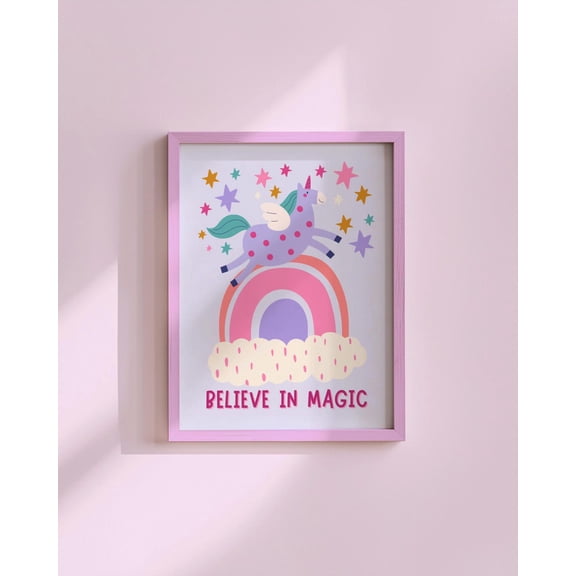 Believe In Magic Unicorn Wall Art Rainbow Girls Decor Unframed Paper Print