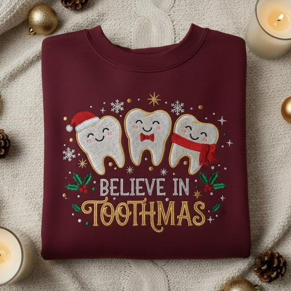 Believe In Toothmas Embroidered Hoodie, Dental Christmas Sweatshirt, Dentist Assistant Xmas Crewneck, Cute Winter Tooth Gift