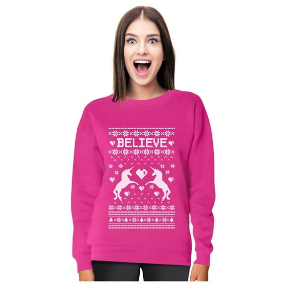 Believe In Unicorns - Magical Ugly Christmas Sweater Women's Sweatshirt Medium Pink