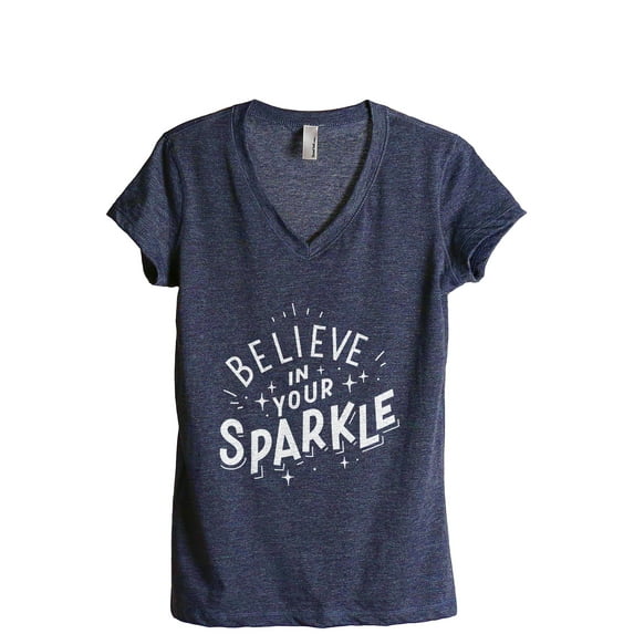 Believe In Your Sparkle Women's Fashion Relaxed V-Neck T-Shirt Tee Heather Navy Small