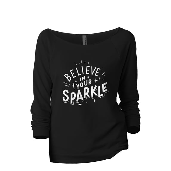Believe In Your Sparkle Women's Fashion Slouchy 3/4 Sleeves Raglan Lightweight Sweatshirt Black 2X-Large