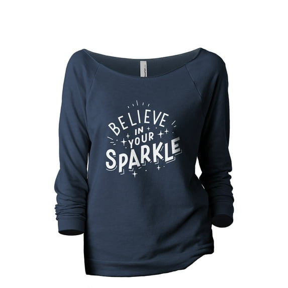 Believe In Your Sparkle Women's Fashion Slouchy 3/4 Sleeves Raglan Lightweight Sweatshirt Navy X-Large