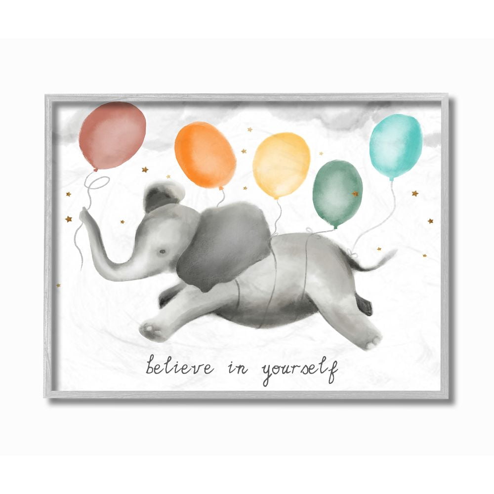 Believe In Yourself Balloon Elephant Kids Design Gray Farmhouse Rustic Framed Giclee Texturized Art by Daphne Polselli