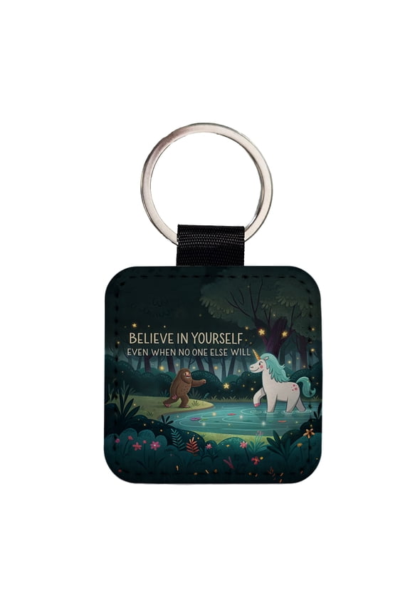 Believe In Yourself Even When No One Else Will Bigfoot Unicorn Funny Faux Leather Square Keychain
