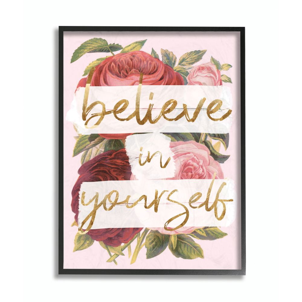 Believe In Yourself Pink Gold Rose Word Design Oversized Framed Giclee Texturized Art by Daphne Polselli