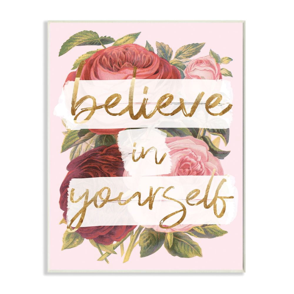 Believe In Yourself Pink Gold Rose Word Design Oversized Wall Plaque Art by Daphne Polselli