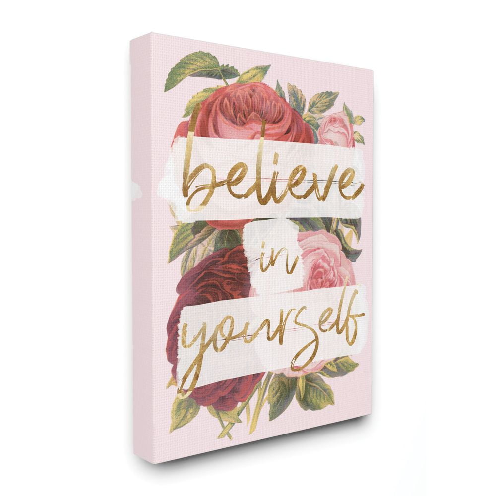 Believe In Yourself Pink Gold Rose Word Design Stretched Canvas Wall Art by Daphne Polselli