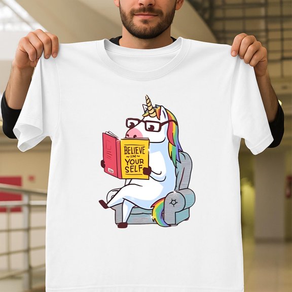 Believe In Yourself Unicorn Reading Bookworm Magical Unisex T-Shirt, Fantasy Graphic V61295, Up to Size 5XL