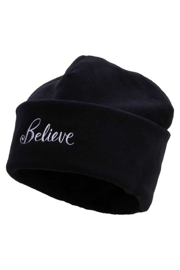 Believe Long Beanie Embroidered Big Size Reversible Micro Fleece Cap - Navy XL-3XL