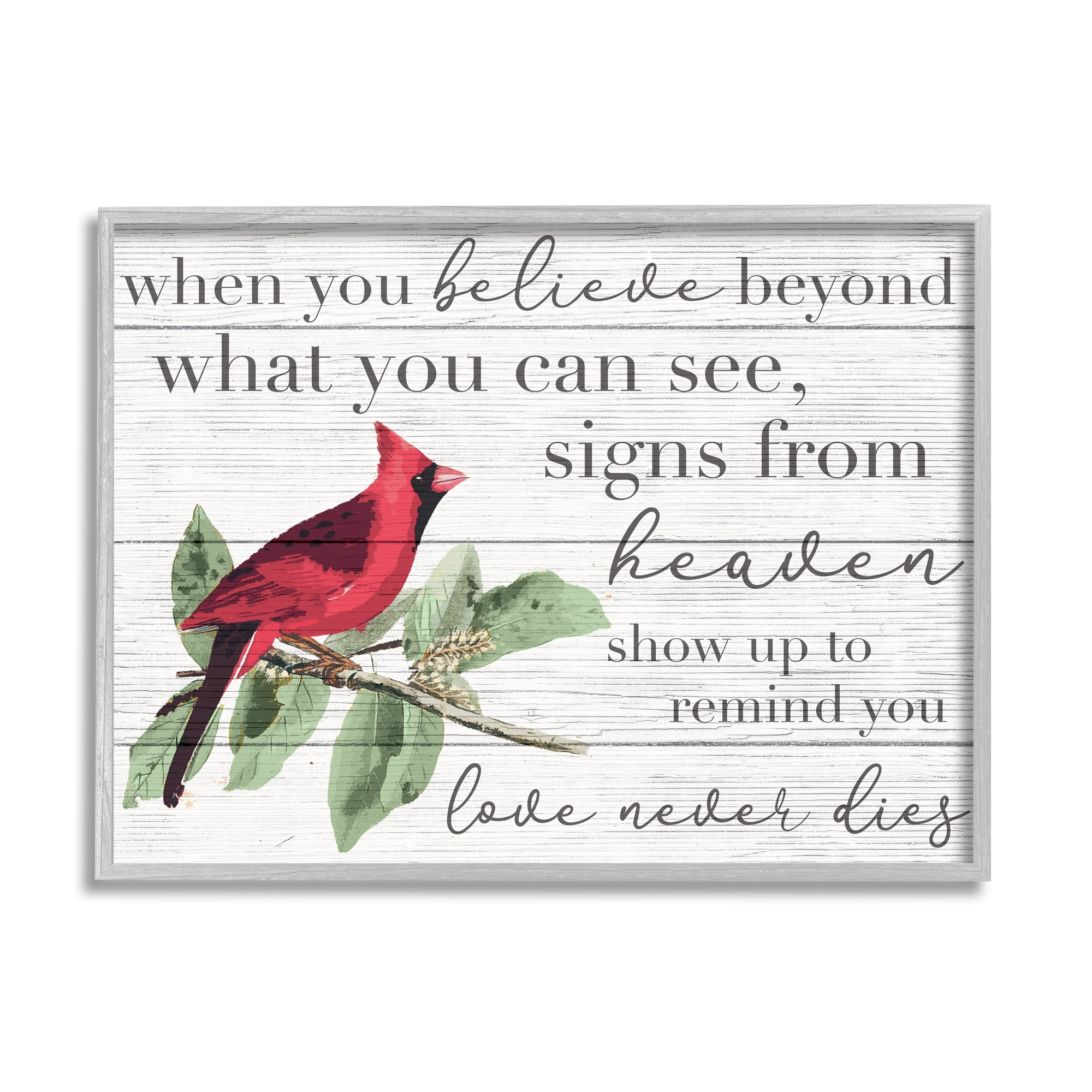 Believe Love Never Dies Inspirational Cardinal Bird Word Design Gray Farmhouse Rustic Framed Giclee Texturized Art by Daphne Polselli