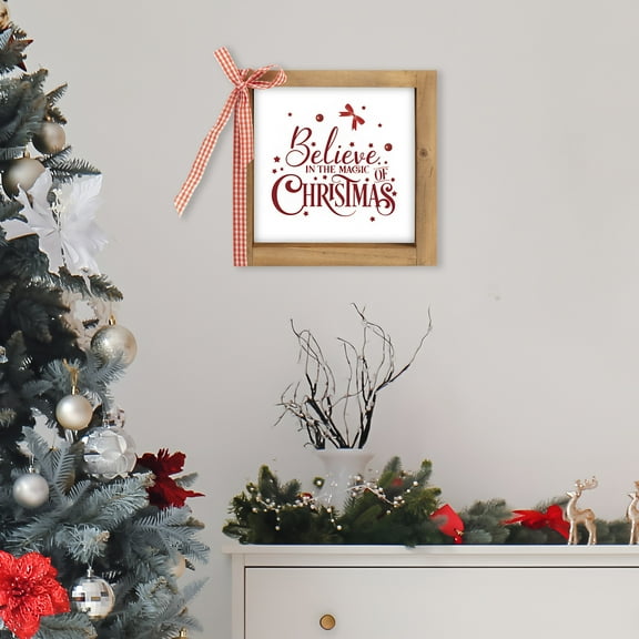 Believe In The Magic of Christmas Sign, Wooden Xmas Decorative Signage Plaque Decor, Holiday Indoor Table Shelf Desk Mantel Tiered Tray Wall Art Rustic Farmhouse Decorations for Home Office