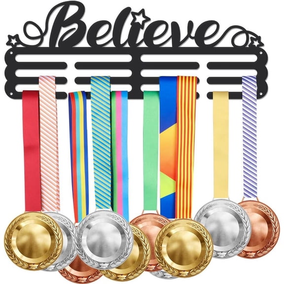 Believe Medal Hanger Holder Motivational Medal Display Rack with Stars Iron Hook Rack Frame Medal Awards Motivational & Adults Running Sports Medal Hanger