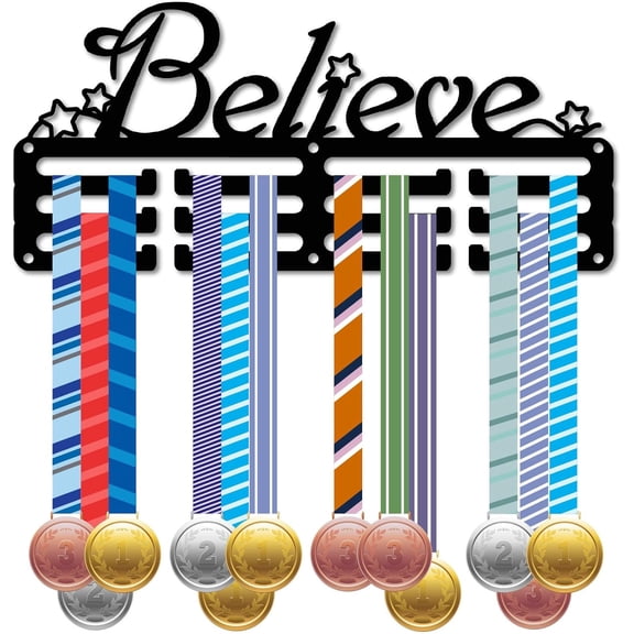 Believe Medal Holder Awards Medal Hanger Sports Running Lanyard Ribbons Small Metal Hanging Hooks Display Mount Decor for Wall Hanging 40+ Medals Runner Marathon Baseball 11.4x5.1 Inch Clear