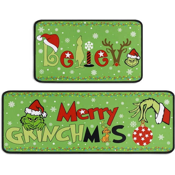 Believe Merry Grinchmas Christmas Kitchen Mat Decor, Christmas Kitchen Rugs Sets of 2, Christmas Floor Mat, Christmas Rugs Indoor Kitchen Christmas Decorations, Green