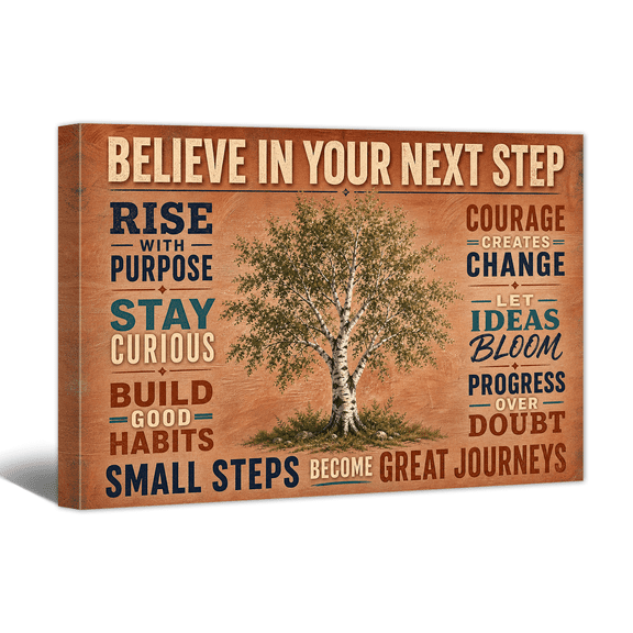 Believe Your Next Step Canvas Wall Art Motivational Quotes Picture Print, Positive Retro Artwork Affirming Tree Painting for Home Living Room Bedroom Office Decor