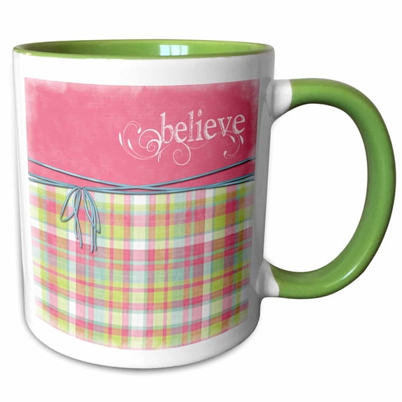 3drose, Believe Pink and Plaid Cute Girly Inspirational Saying, 15oz Two-tone Green Mug