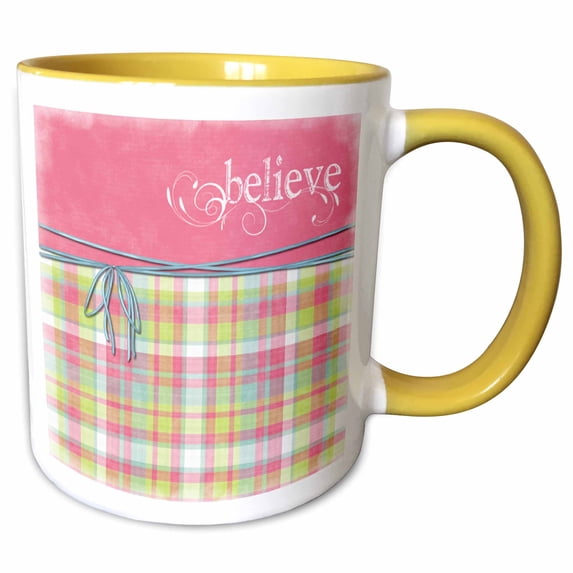 3drose, Believe Pink and Plaid Cute Girly Inspirational Saying, 15oz Two-tone Yellow Mug