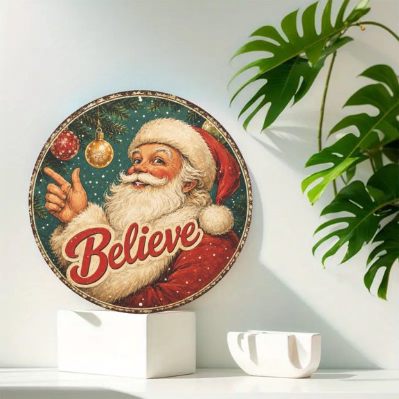Believe Santa Christmas Retro Round Metal Tin Sign For Home Garden Bar Or Cafe Decor 8x8 Inch Round