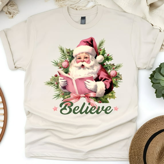 Believe Santa T-Shirt | Vintage Holiday Graphic Tee, Natural, Size M
