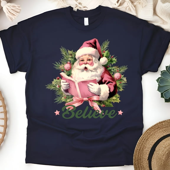 Believe Santa T-Shirt | Vintage Holiday Graphic Tee, Navy, Size 3XL
