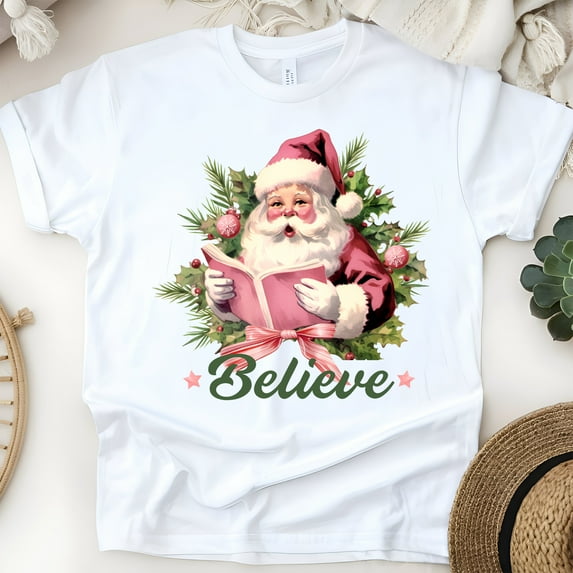 Believe Santa T-Shirt | Vintage Holiday Graphic Tee, White, Size S
