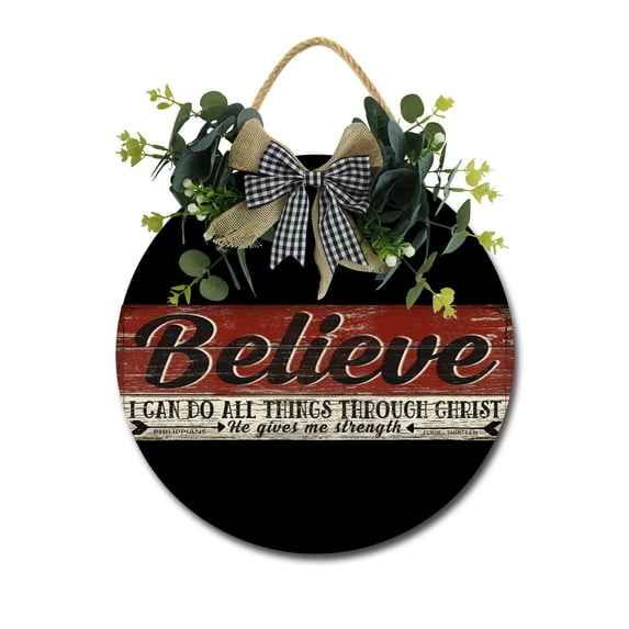 Believe Sign Front for Door Decoration, 12 in Round Wood Wreaths Wall Hanging Outdoor, Farmhouse, Porch, for Spring Summer Fall All Seasons Holiday Christmas