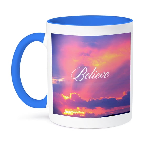 3dRose, Believe - Spiritual gifts - Spirituality - beautiful sunset sky photography - belief inspiring words, 11oz Two-Tone Blue Mug