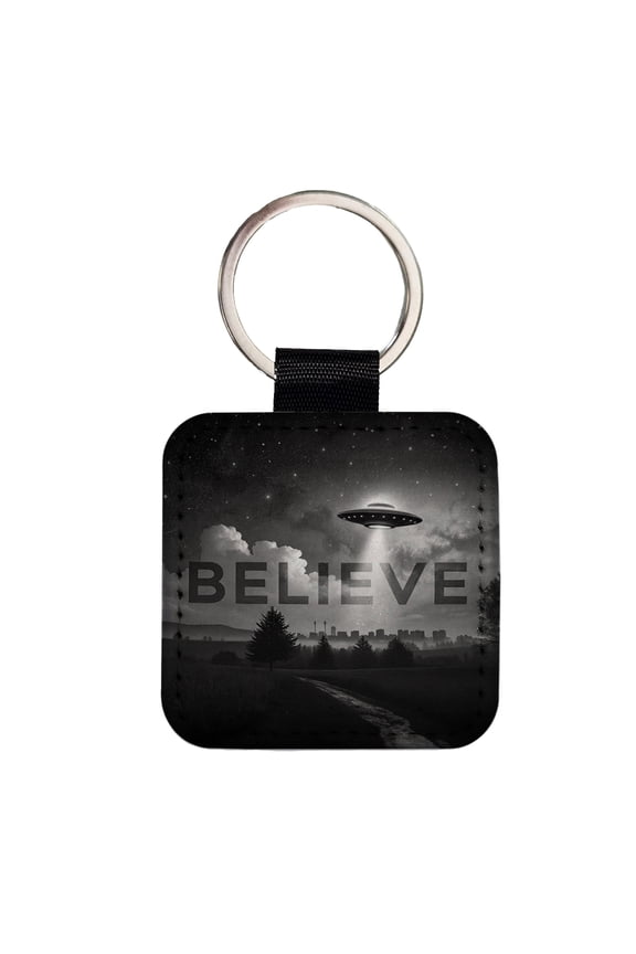 Believe UFO Sci-Fi Fantasy Faux Leather Square Keychain