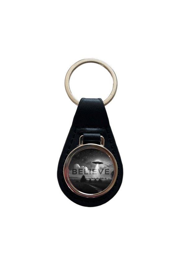 Believe UFO Sci-Fi Fantasy Metal Black Leather Keychain