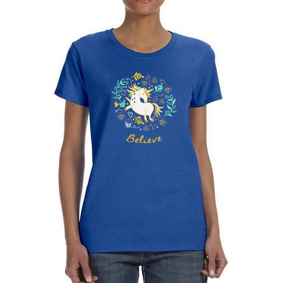 Believe Unicorn Diamonds Stars And Hearts Women Royal Blue T-Shirt, Female x-Large